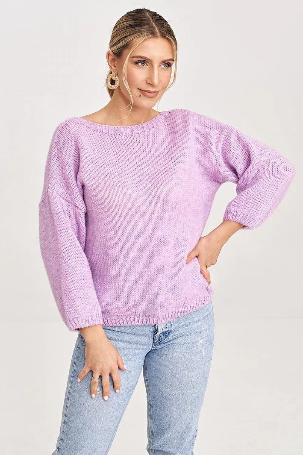 Pullover femme design simple moderne coupe ample manches longues encolure ronde couleur lavande matières douces