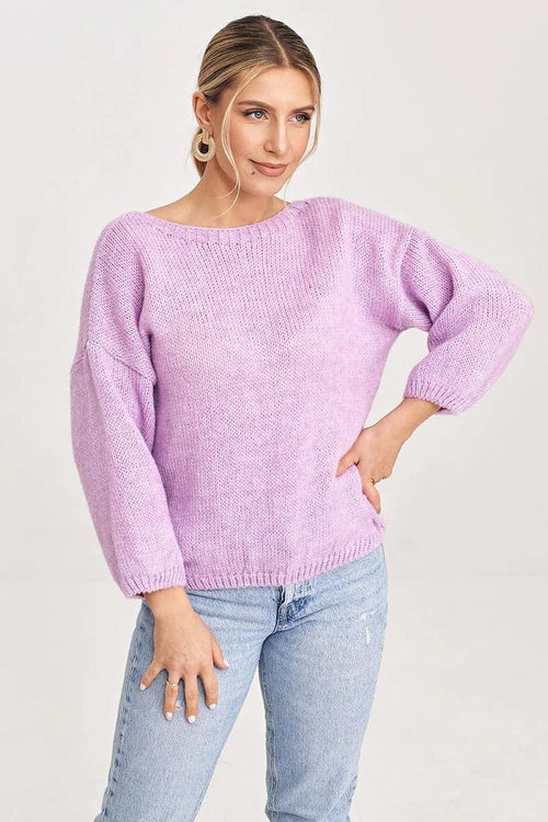 Pullover acrylique nylon polyester laine lavande ample manches longues encolure ronde effet ballon ourlets côtelés occasion frais femme