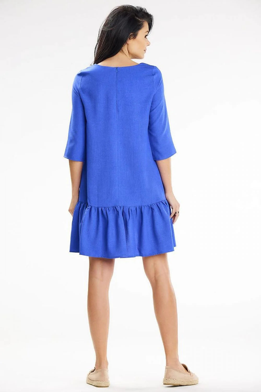 Robe de jour awama coupe trapèze mini manches 3/4 ruffle asymétrique bleu vif polyester femme