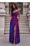 Robe longue élégante à bretelles fines tissu satiné couleurs vives bleu violet fente dos noué soirée femme