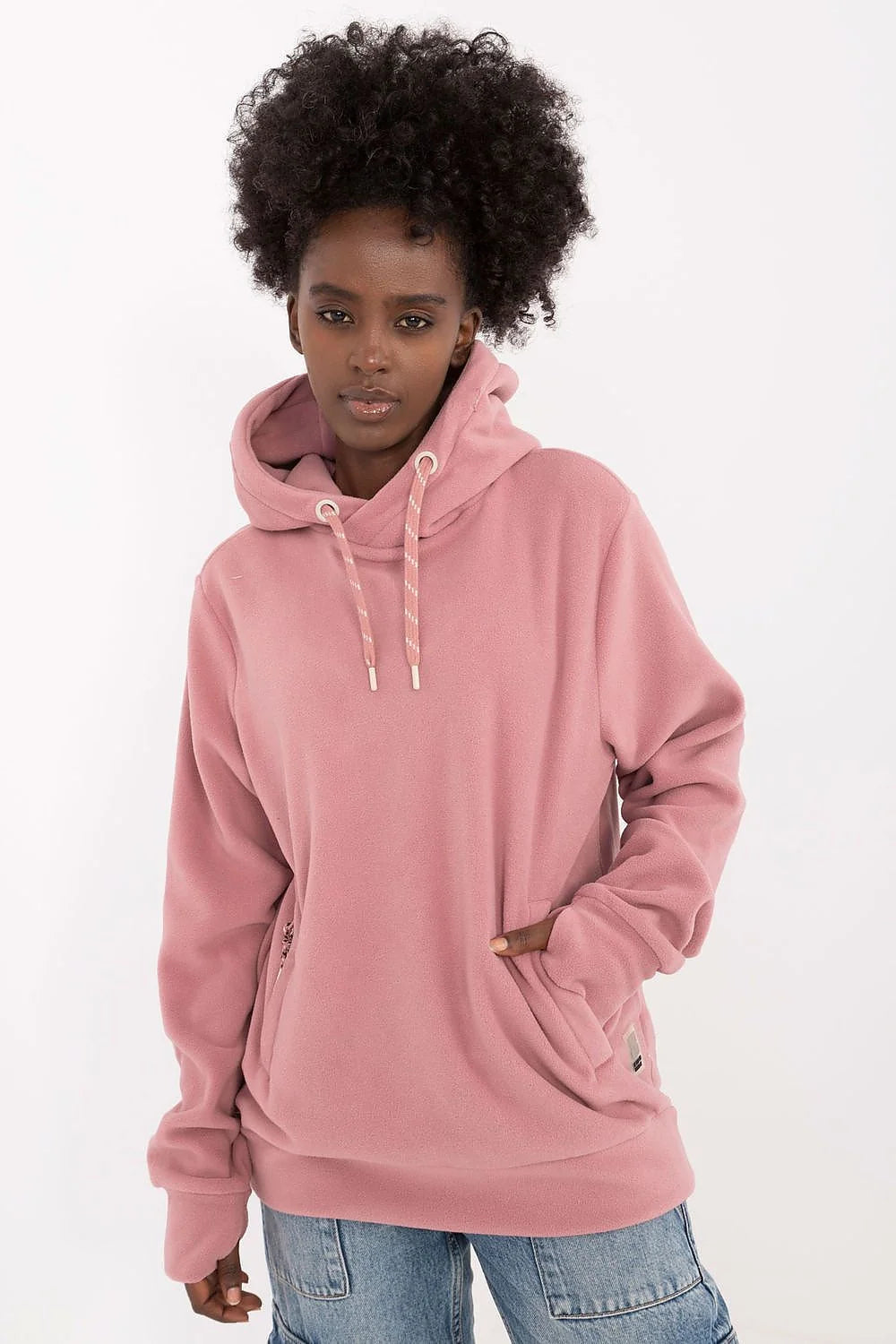 Sweatshirt à capuche pour femme style décontracté couleur rose douce matériau molletonné coupe ample poche kangourou manches longues