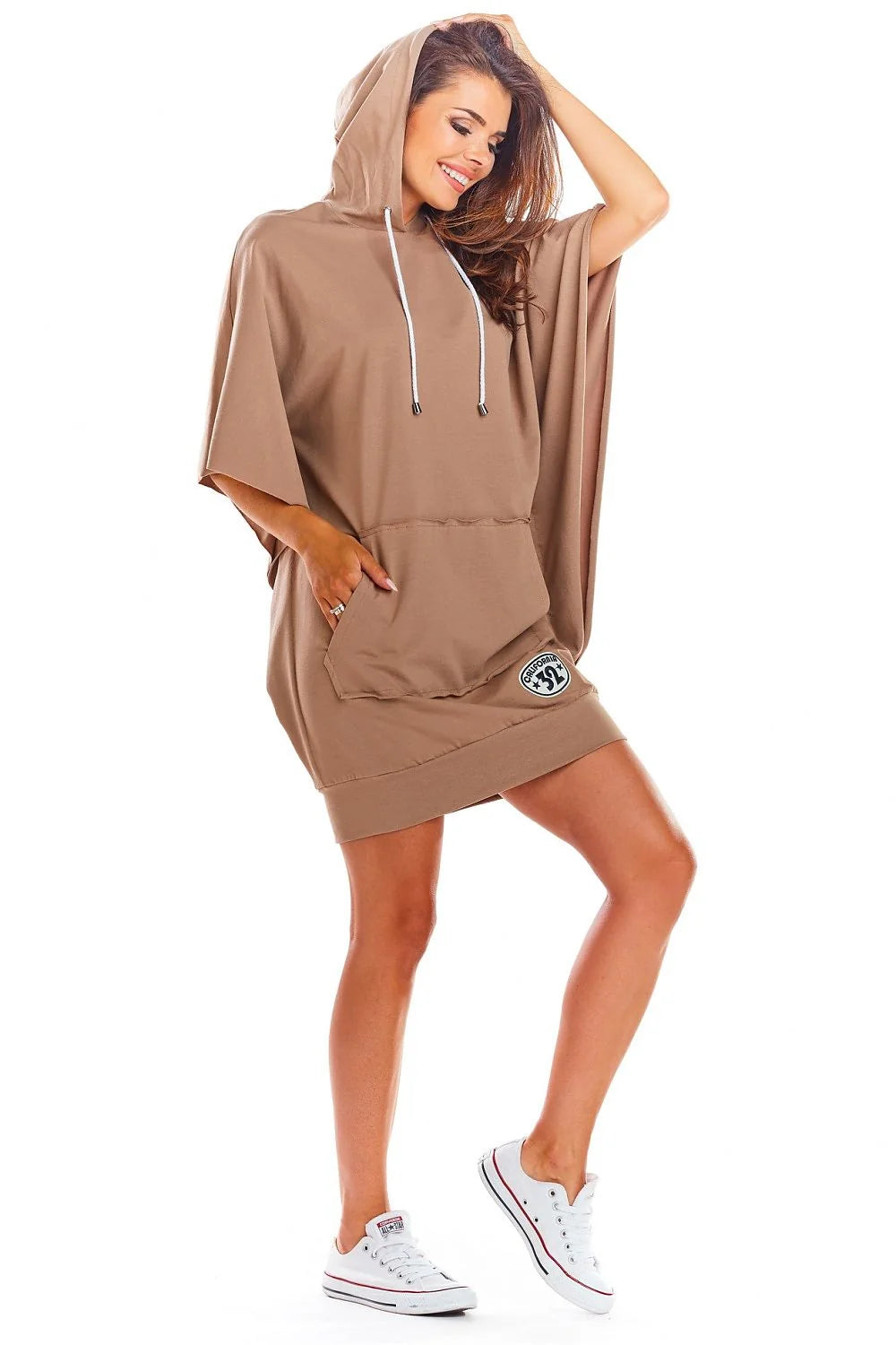 robe jour femme ample oversize capuche cordon poches kangourou manches courtes mi cuisse coton lycra blanc