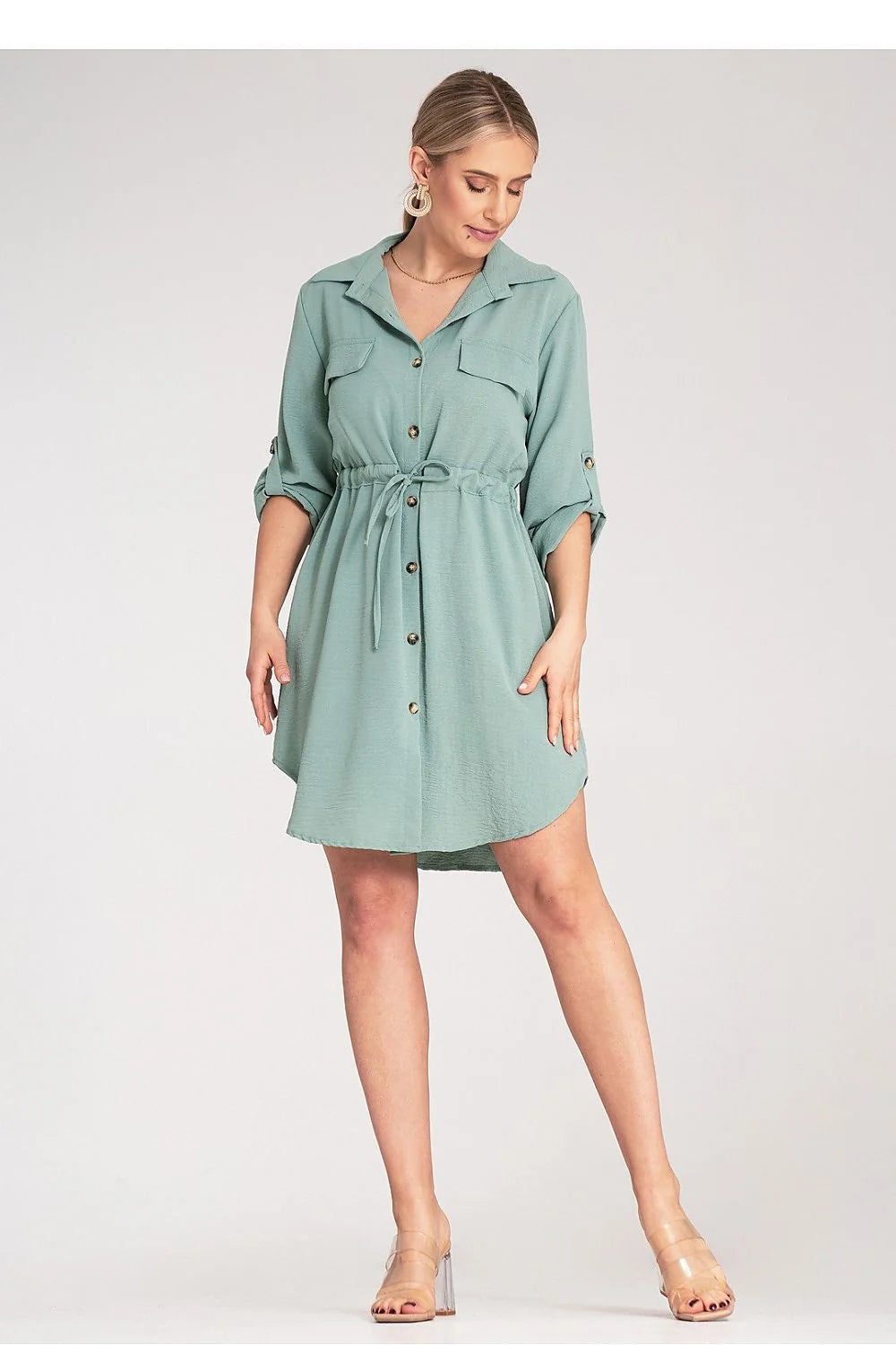 Robe chemise pour femme design élégant vert menthe coupe droite manches longues poches poitrine ceinture ajustable