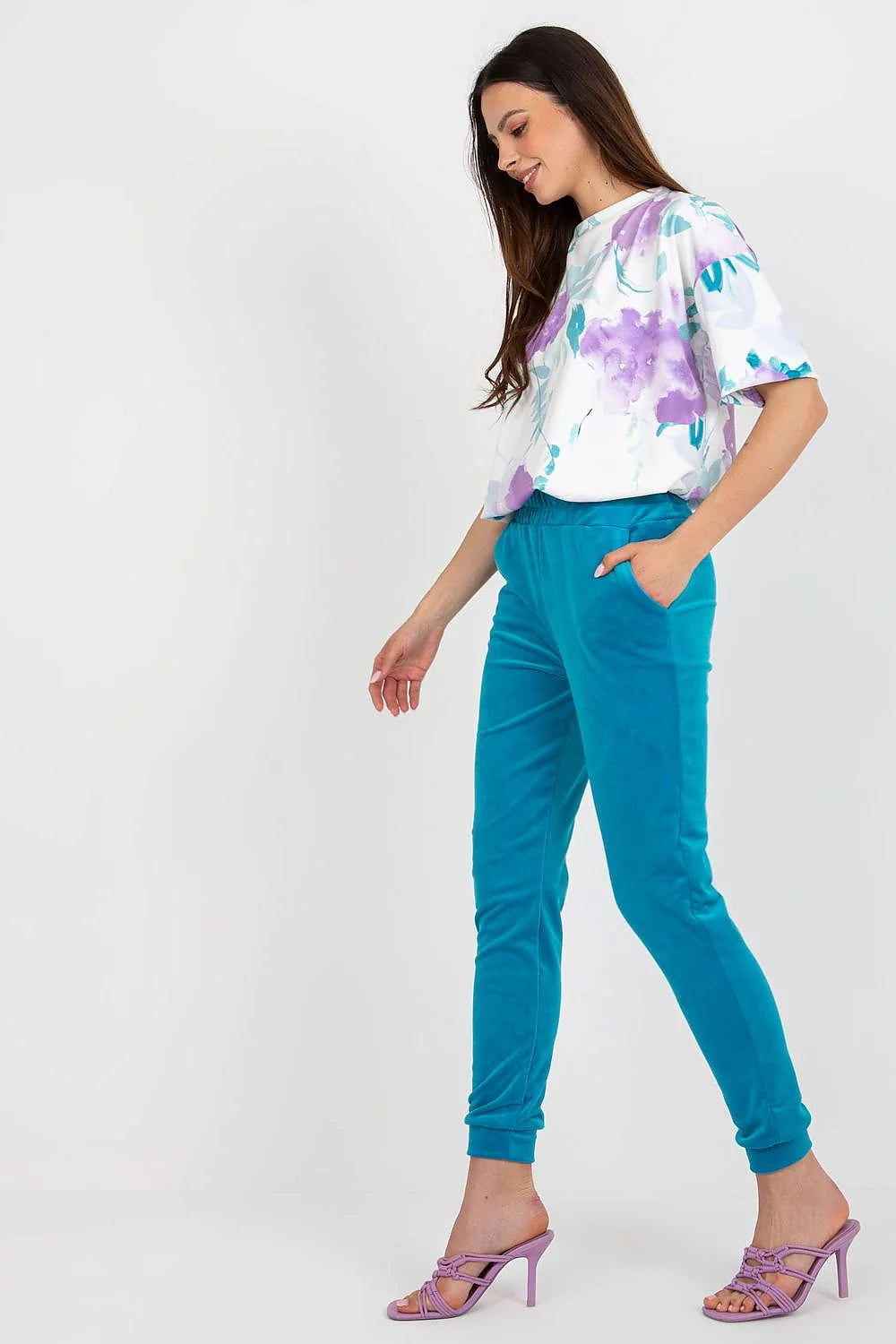 Ensemble Parisien féminin deux pièces blouse chemisier pantalon velours coton elasthanne floral bleu canard décontracté moderne occasion sortie