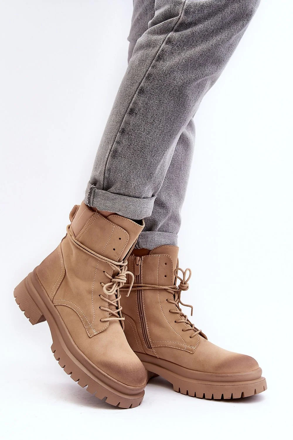 Bottes pour femmes en cuir artificiel style trappeur design moderne fonctionnel bottines à lacets zip latéral talon plat plateforme confortable