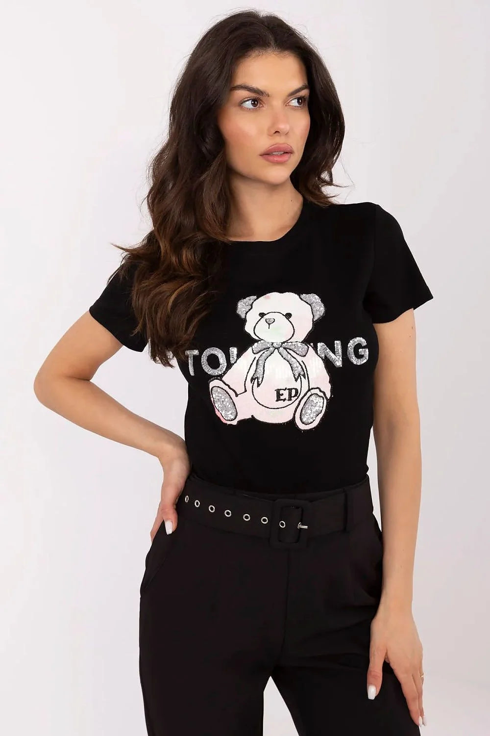 T-shirt femme design moderne ours en peluche brillants coton ajusté manches courtes