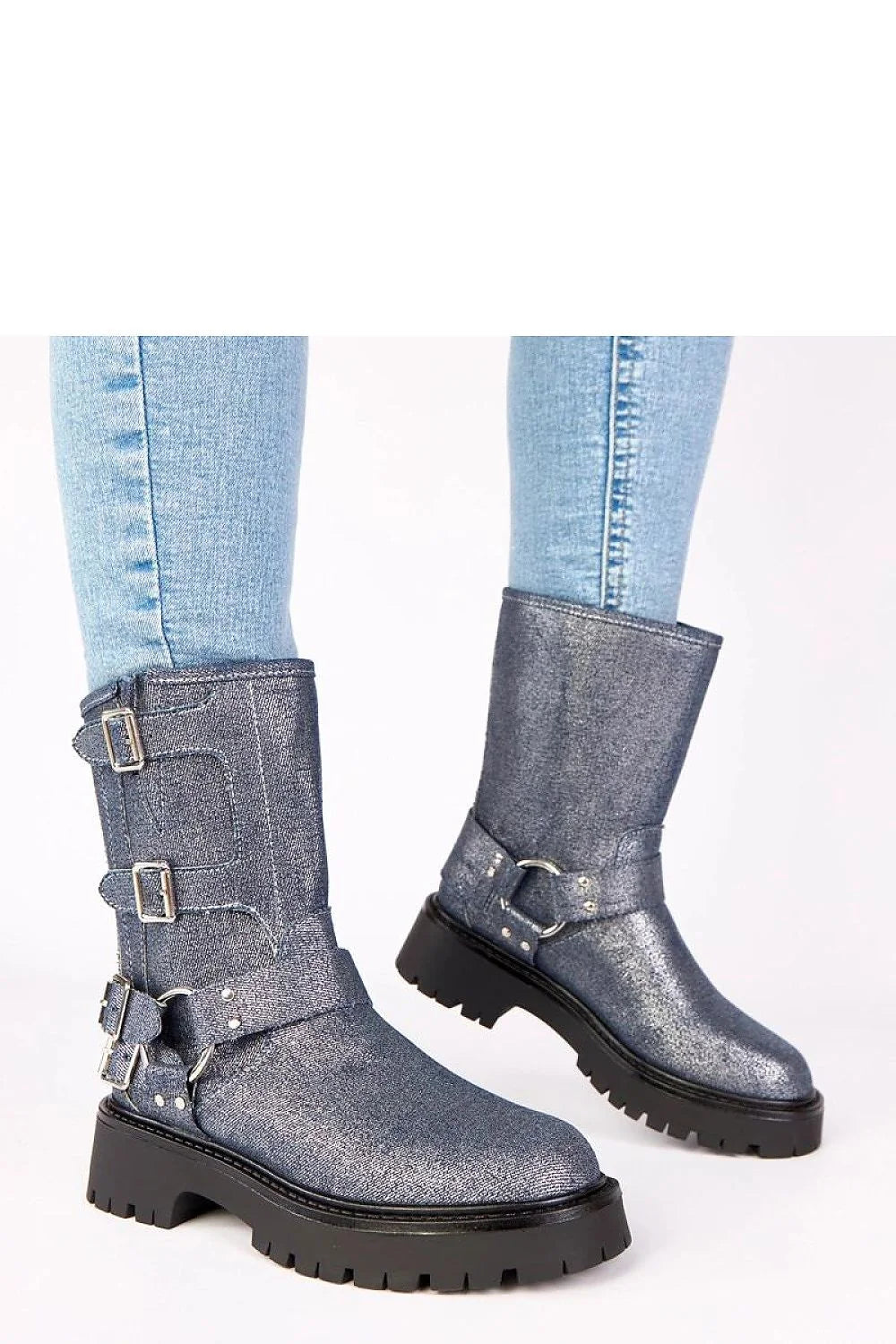 bottines femme biker cuir synthétique métallisé bleu gris scintillante bout arrondi semelle épaisse crampons talon compensé boucles argentées