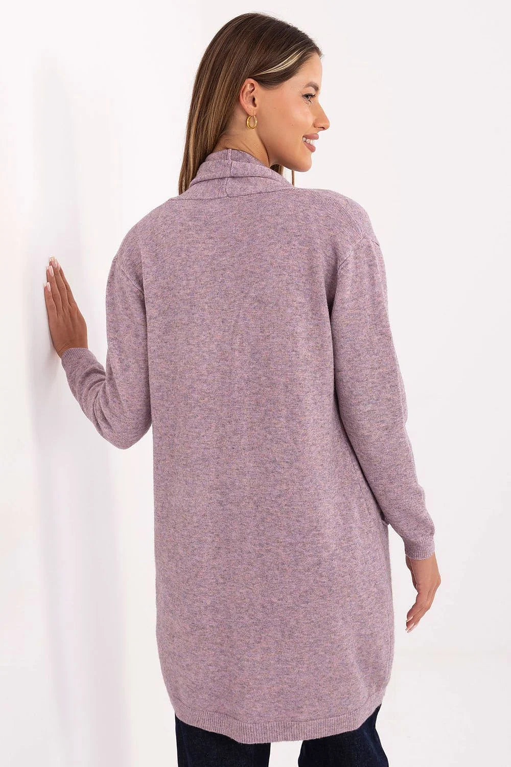 cardigan femme long ouvert maille chinée lilas col châle manches longues poches plaquées bords côtelés douce extensible confortable polyvalent