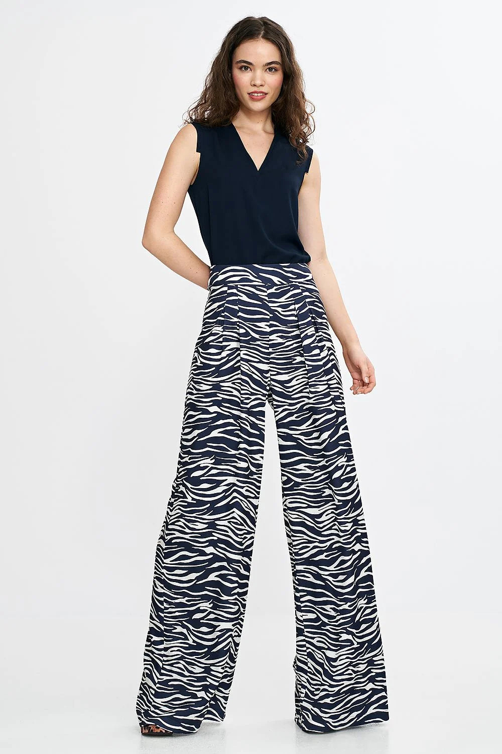 Pantalon long femme élégant coupe régulière taille haute plis décoratifs jambes larges fermeture éclair polyester spandex