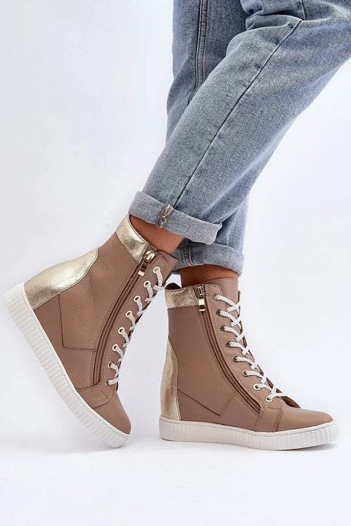 Baskets à cothurnes pour femmes en cuir taupe et doré, style élégant et moderne, confort maximal, talon 7.5 cm, semelle plateforme 2.5 cm, fermé à glissière et lacets