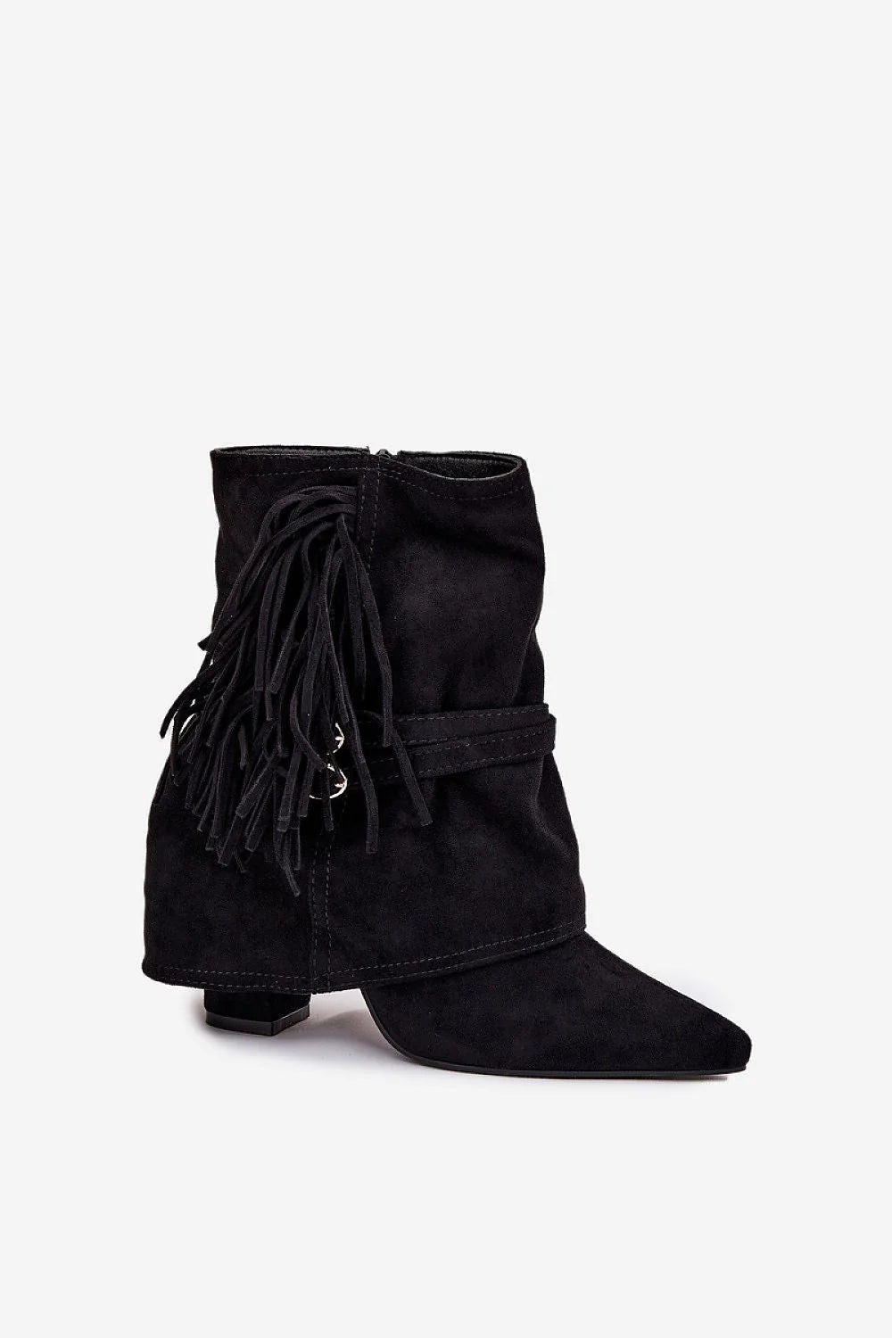 bottines femme cheville suédé écologique noir bout pointu talon bloc 10cm fermeture zippée latérale western bohème franges sangle croisée semelle