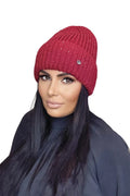 Bonnet élégant pour femme en laine mohair couleur rouge vif style moderne bordure roulée paillettes brillantes chaud et confortable hiver