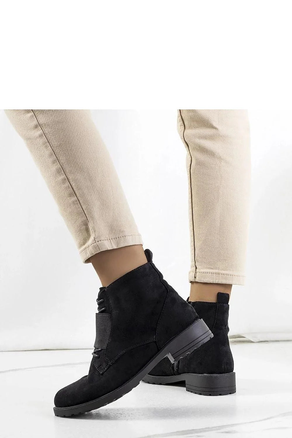 Bottines à talons bas cuir écologique noire moderne femme confortable fermeture éclair lacing élastique ville travail