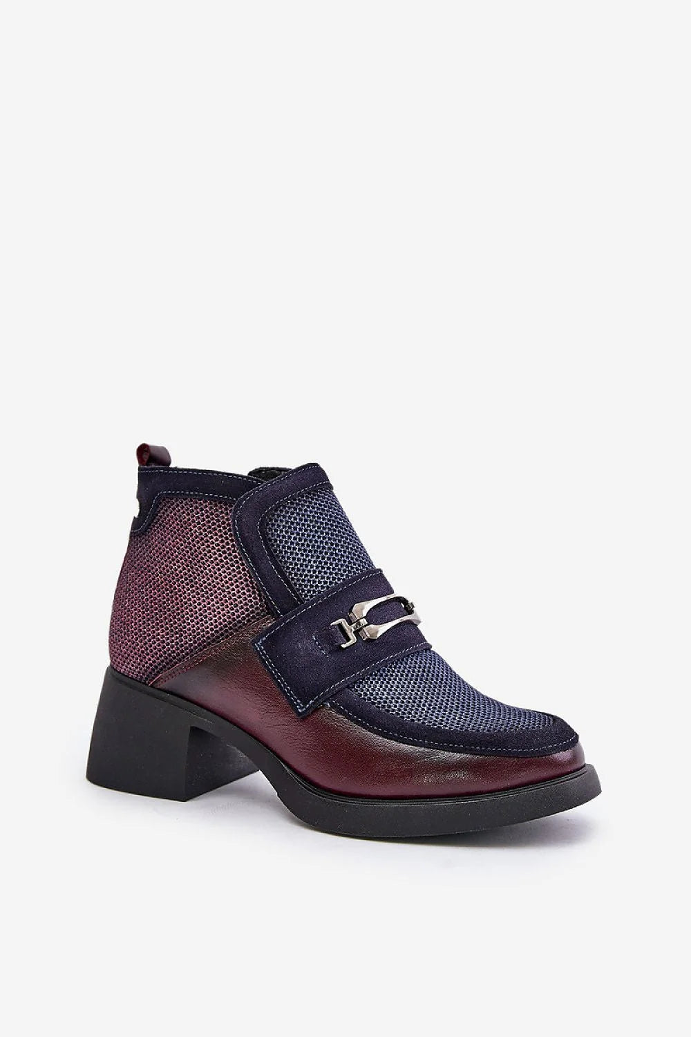 bottines femme mi cheville cuir suède bicolore bleu marine bordeaux talon bloc mors métallique fermeture zippée semelle antidérapante doublure confortable