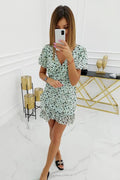 Robe courte polyester ajustée fleurs pastel élégante décolleté V manches courtes féminine été verte