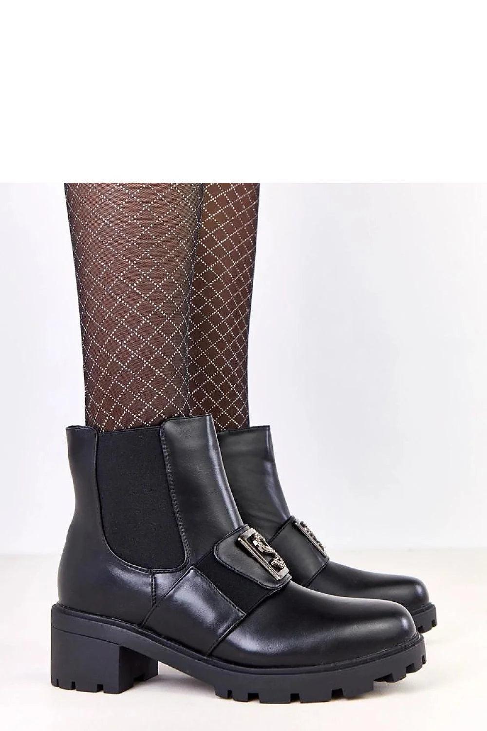 bottines talon bloc 55mm cuir écologique noir chelsea tige 13cm bride métal sertie strass fermeture zip doublure chaude semelle crantée