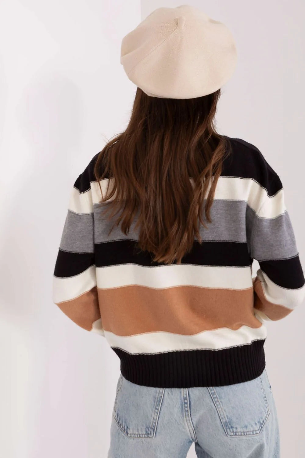 Pull à rayures larges pour femmes, maille douce coton acrylique, style casual-chic, manches longues, col rond, élastique côtelé, beige, gris foncé, noir, blanc cassé