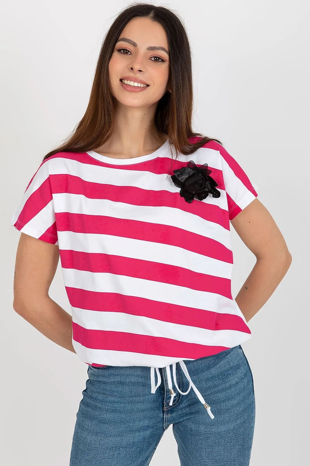 Chemisier pour femme à rayures colorées en coton élasthanne, coupe ample, détails fleur noire, style moderne et décontracté