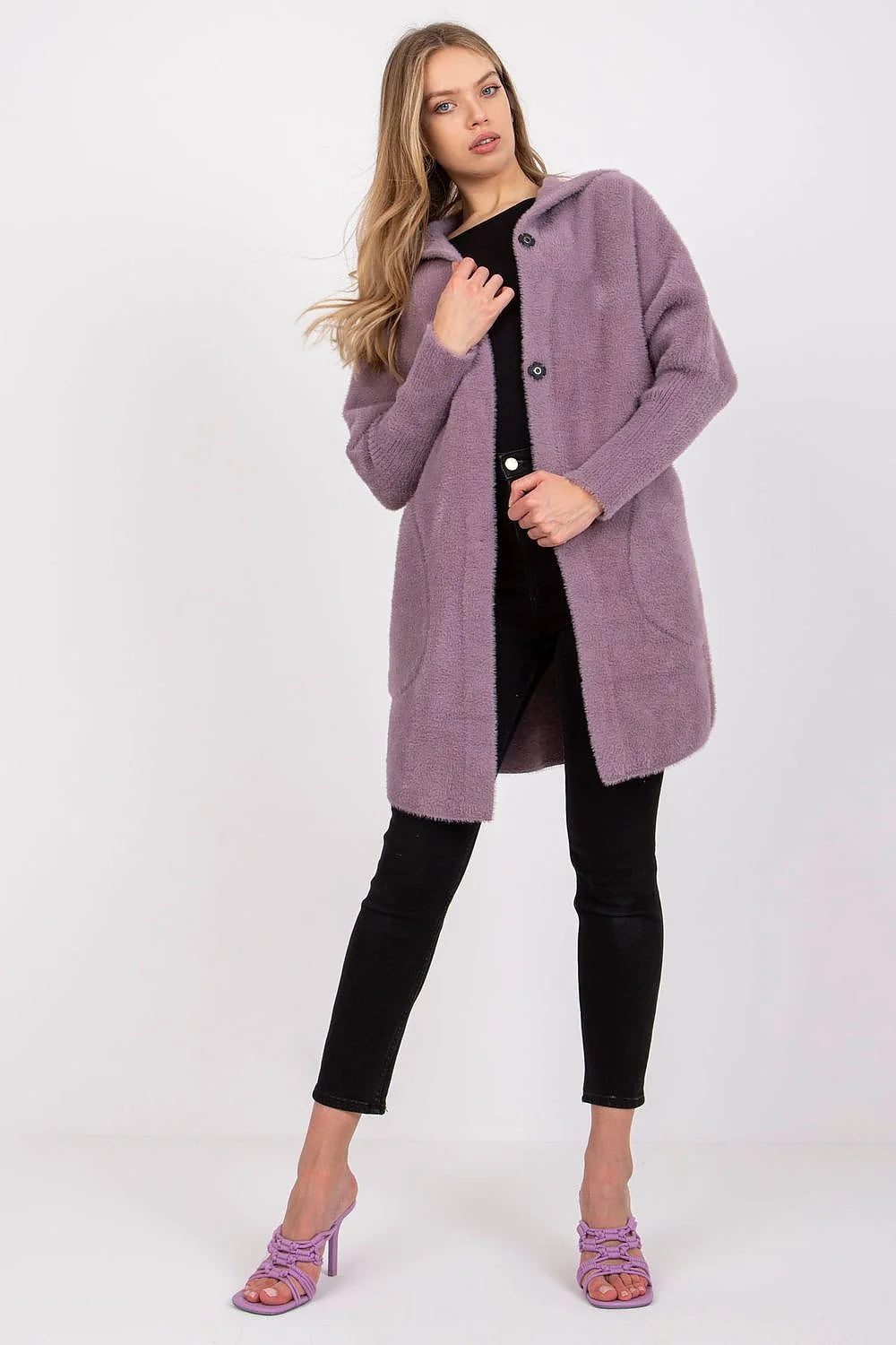 Manteau pour femme couleur lavande douce coupe ample style minimaliste matériau laine mélangée poches plaquées sans fermeture manches longues tombantes automne hiver