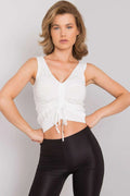 Top sans manches pour femme, encolure en V, design côtelé, tissu stretch, crop top blanc, style casual élégant, cordon de serrage ajustable