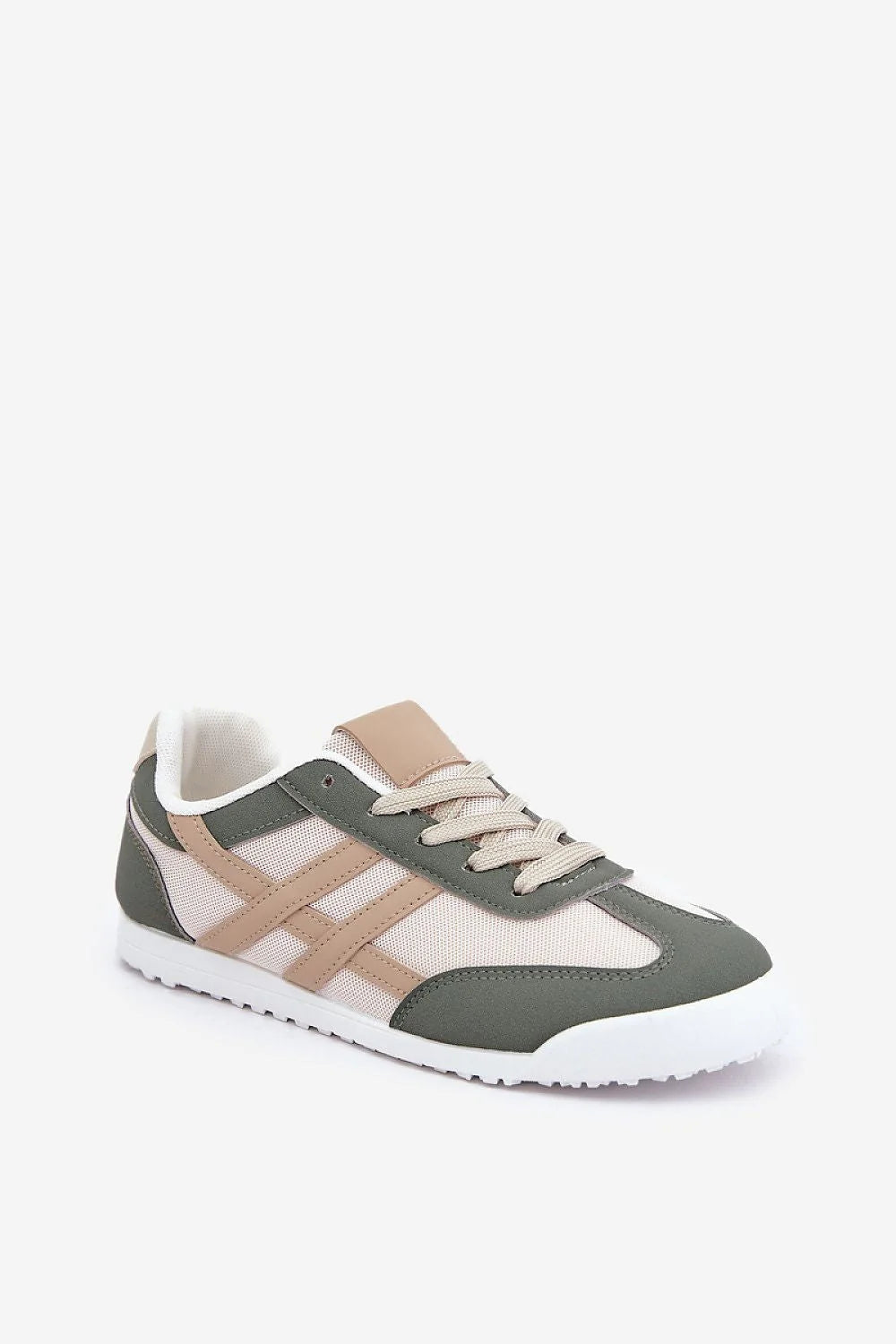 Baskets basses pour femmes style moderne couleur beige vert olive maille cuir écologique confort tous les jours mode détendu