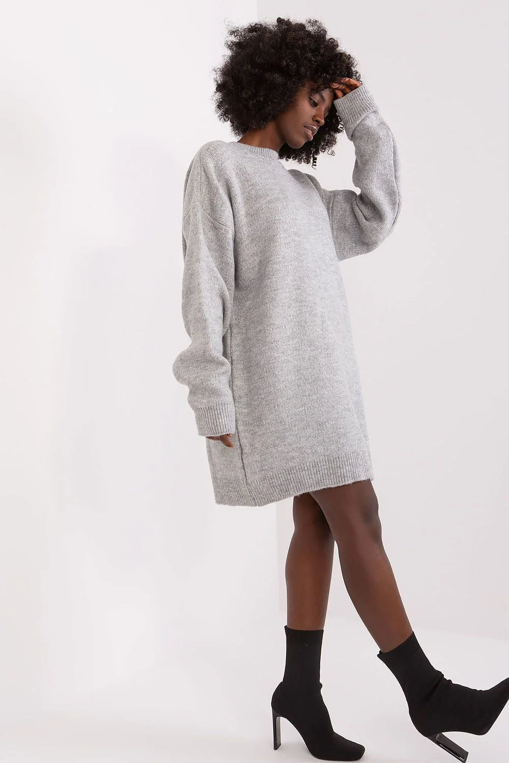 Robe pull femme oversize tricot grise col rond manches longues taille ajustable quotidienne casual