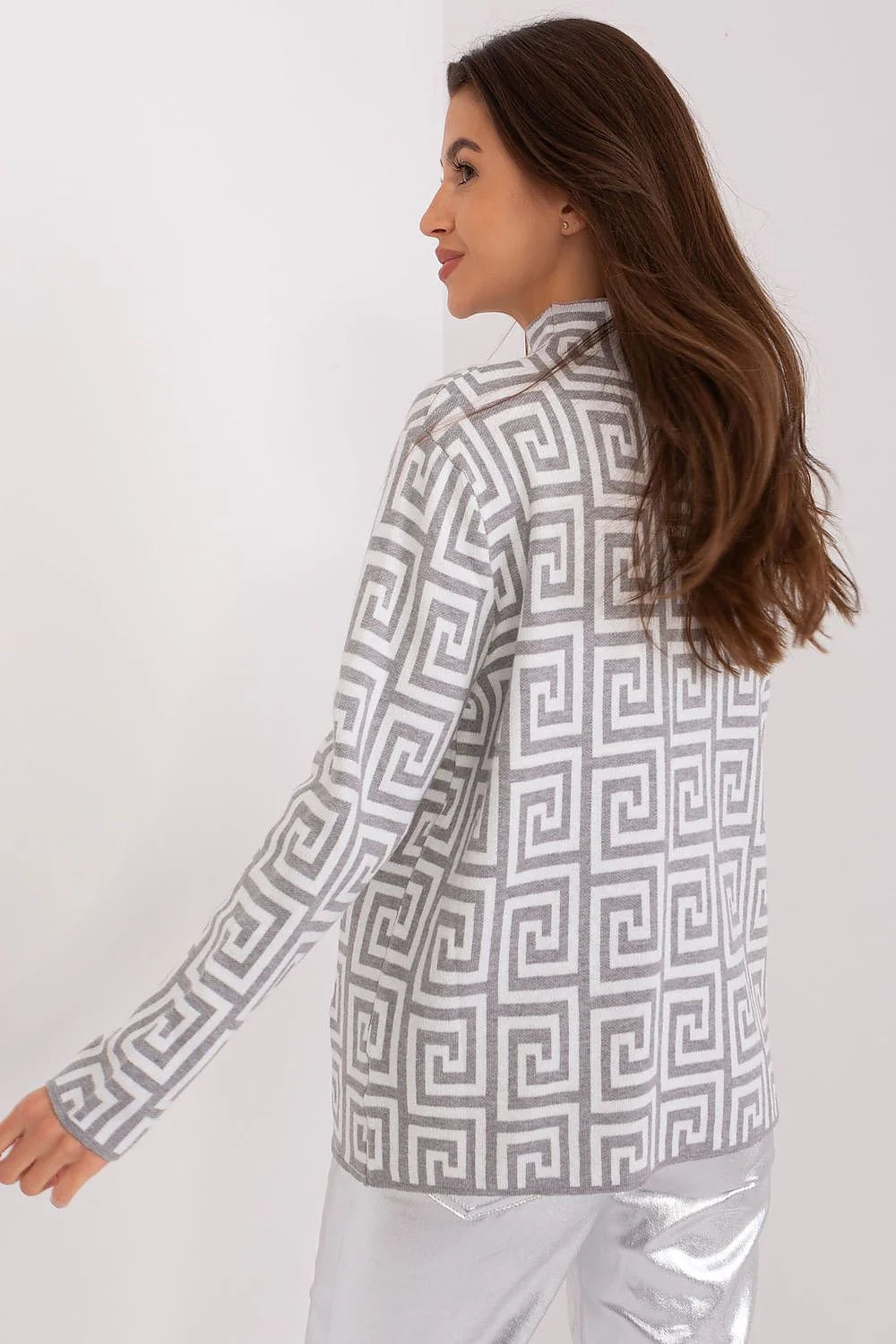 Pull femme Chandail AT design géométrique motif labyrinthe manches longues poches zippées en tricot doux automne hiver