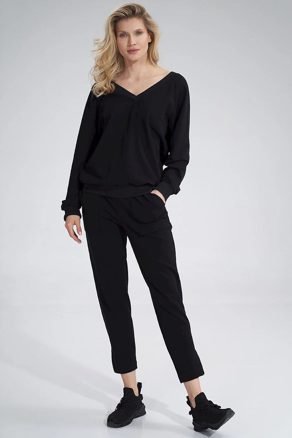 Sweatshirt femme en coton V-neck manches longues noir dos ruban décoratif confortable