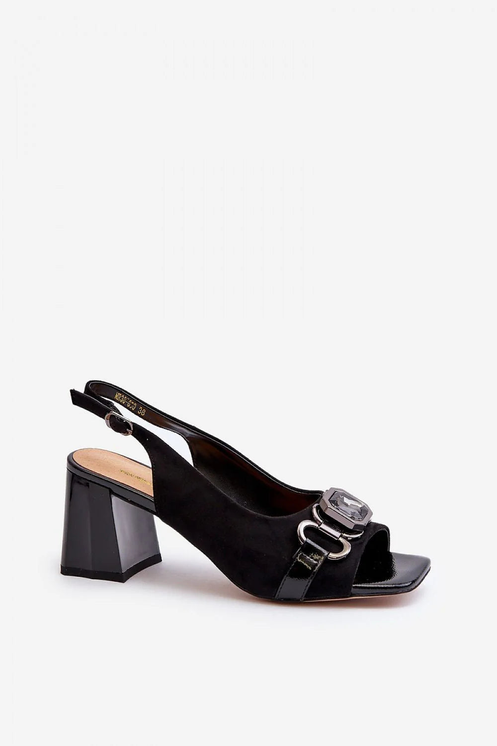 sandales femme suédine noire empiècements vernis contraste talon bloc 7cm bout ouvert carré bijou cristal facetté anneaux métalliques