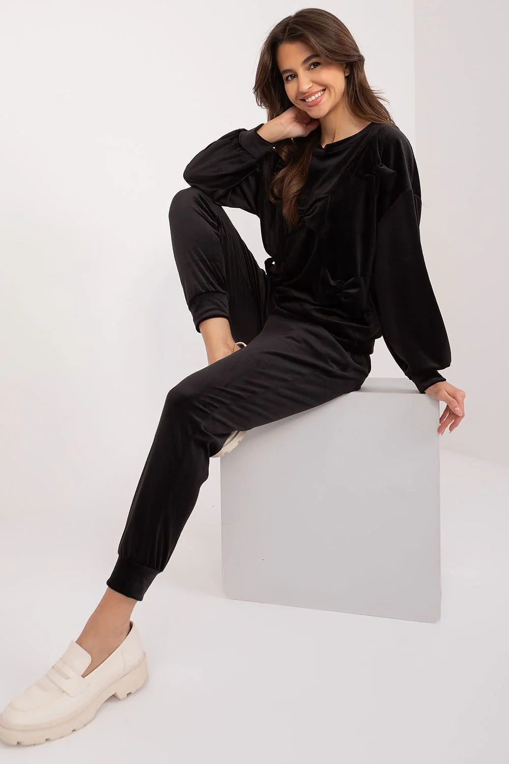 Ensemble Italy Moda velours noir manches longues nœuds décoratifs jogging femme