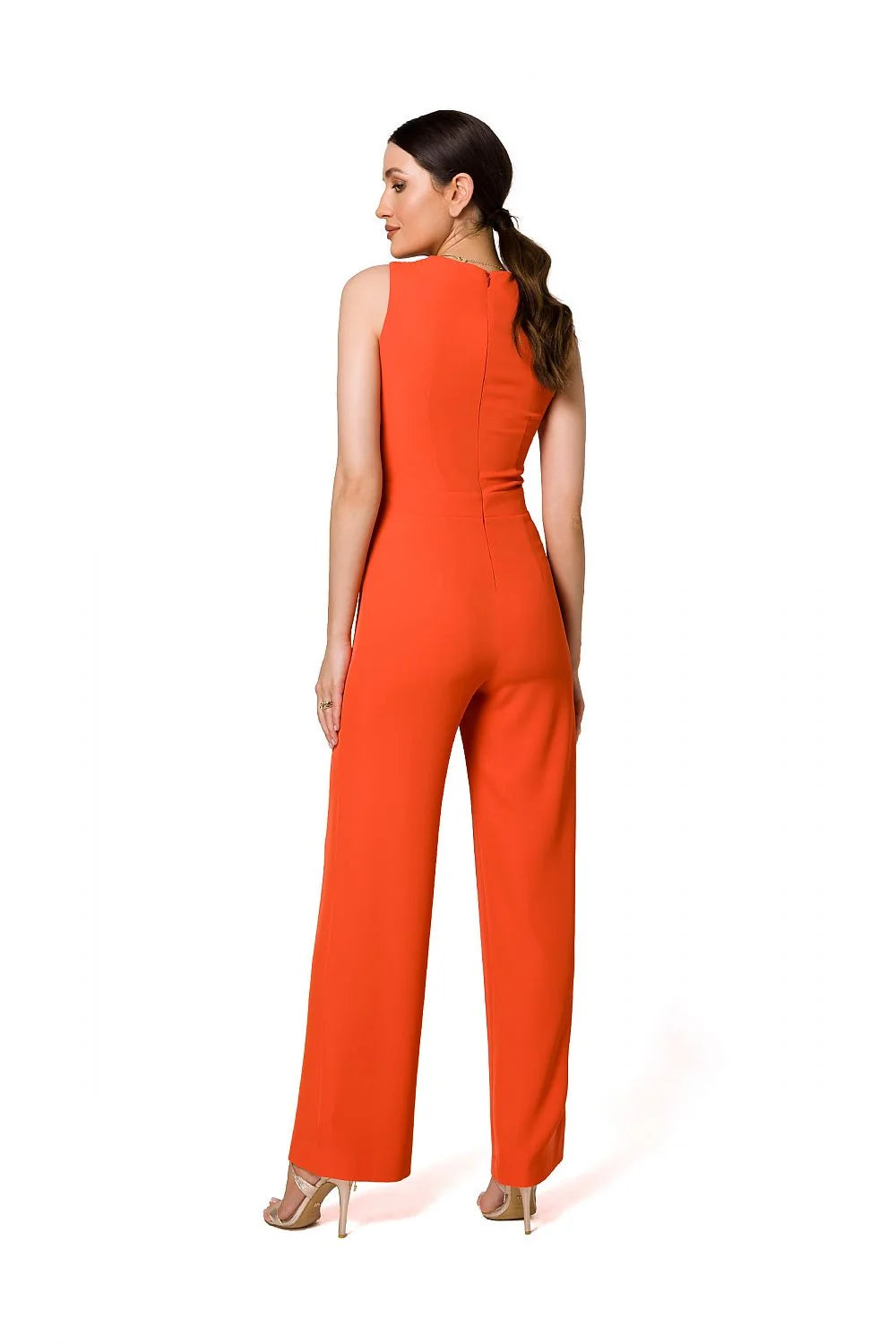 Combinaison Makover moderne élégante col ouvert bretelles torsadées détails plissés jambes larges orange vif polyester femmes