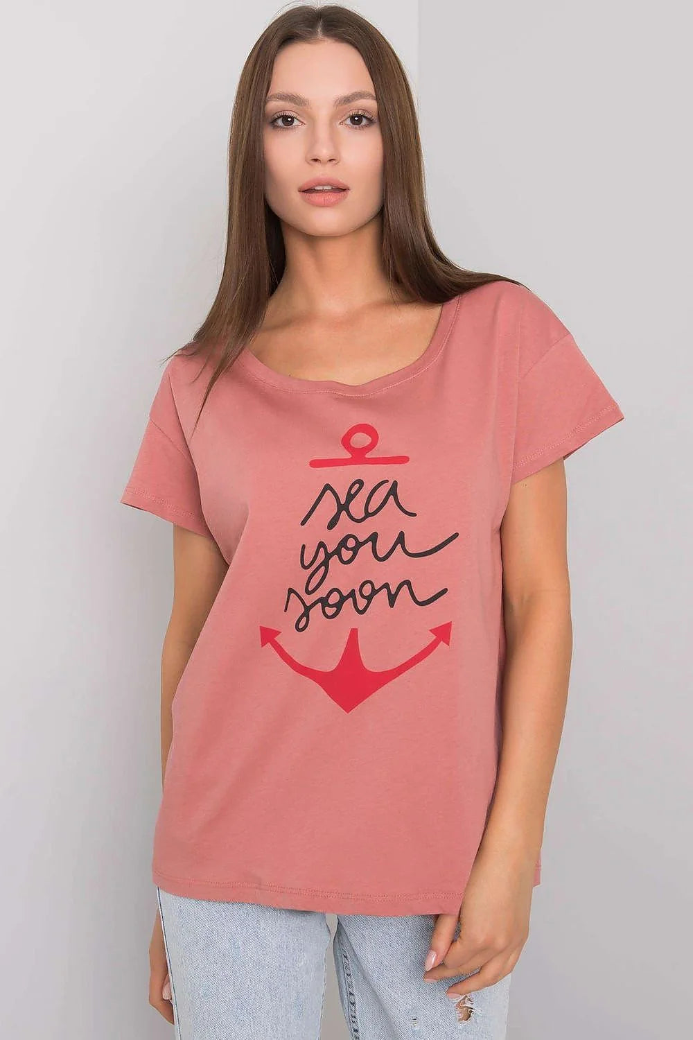T-shirt pour femme design ancre 'sea you soon' vert menthe manches courtes col rond ajusté