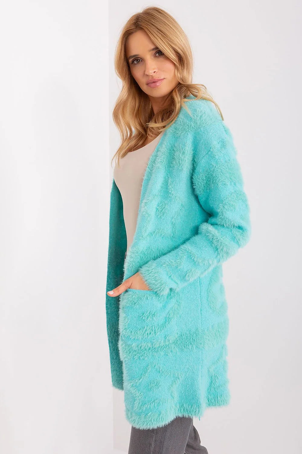 Cardigan pour femme moderne élégant longline manches longues sans fermeture couleur bleu turquoise vibrant texture douce