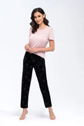 pyjama Babella femme confortable automne hiver manches courtes col rond taille élastiquée viscose élasthanne pantalon velours motif floral noir rose