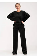 ensemble lounge femme velours noir satiné oversize manches longues pantalon large taille élastique cordon poches latérales longueur pleine cosy chic