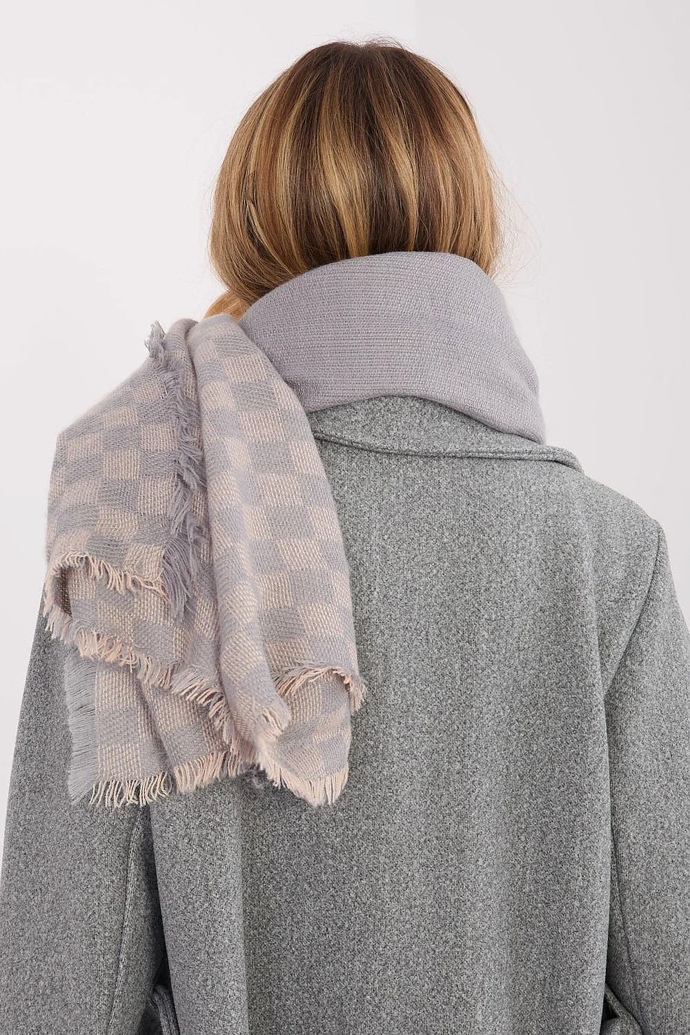 châle oversized femme viscose laine luxueux doux côtelé jacquard doubleface grandformat grisperle beige damier franges effilochées enveloppant chaud