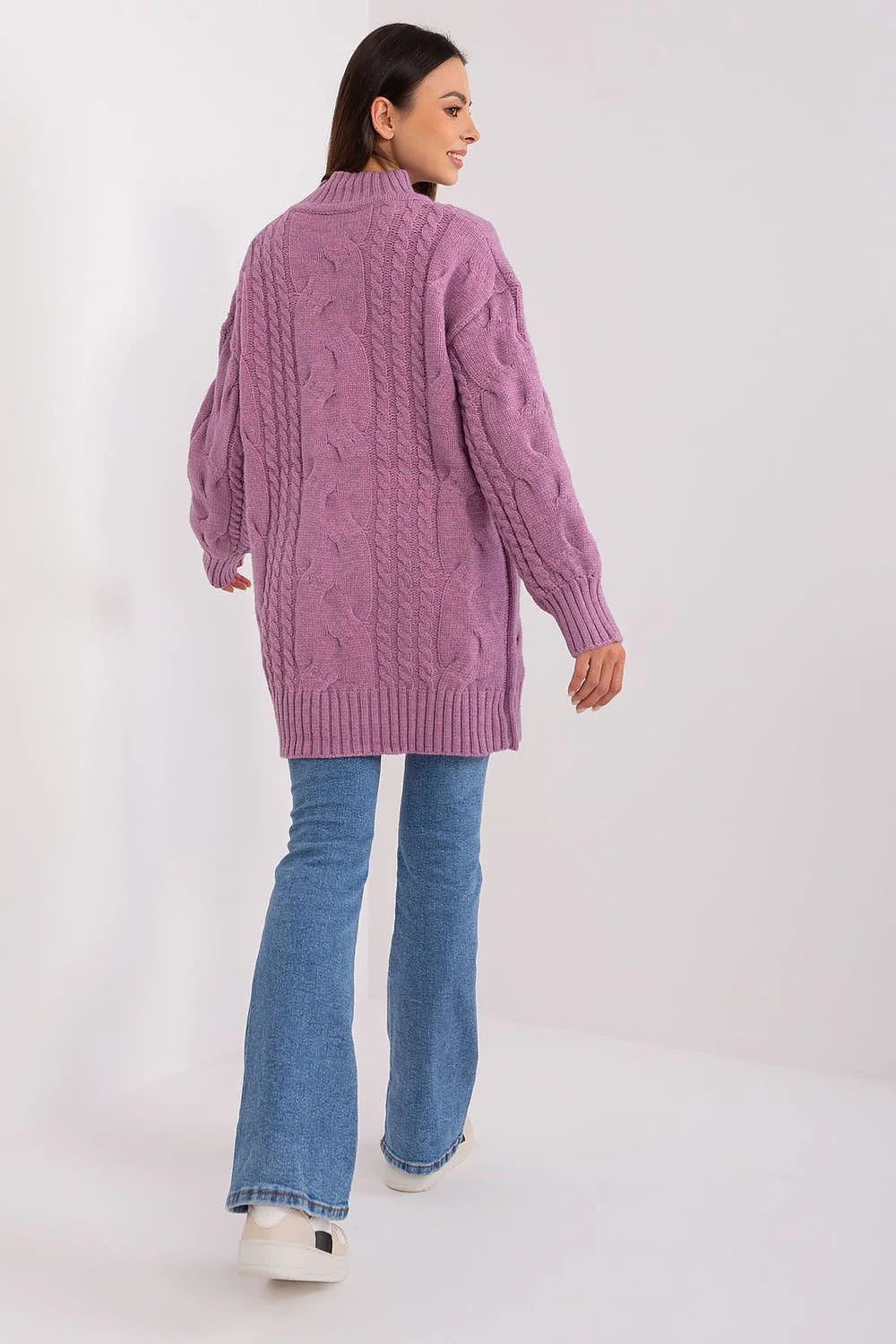 Pullover long pour femme en acrylique couleur lilas motif torsades mailles Aran coupe oversize manches longues col roulé