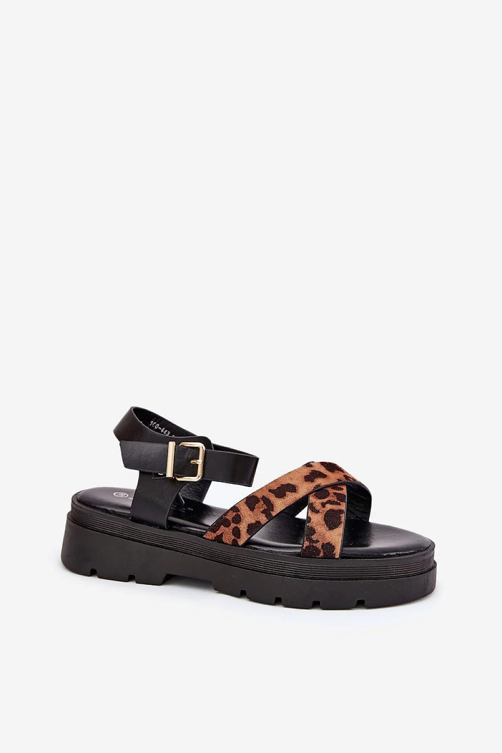 Sandales femme style moderne cuir noir motif léopard semelle épaisse fermeture boucle dorée plateau 3.5cm élégance audacieuse
