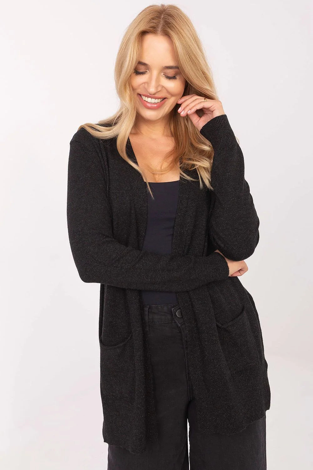 cardigan femme cape décontracté doux viscose modal nylon maille anthracite long ouvert manches longues poches plaquées coupe droite mi cuisses