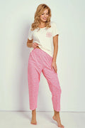 pyjama femme coton doux respirant manches courtes col rond coupe ample pantalon cheville motif mandala floral rose crème taille élastique