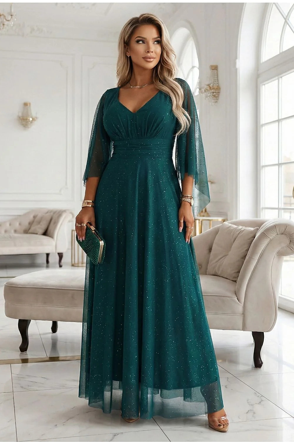 robe longue émeraude maxi empire encolure V froncée ceinture taille marquée manches cape aériennes tulle pailleté doublée fluide élégante