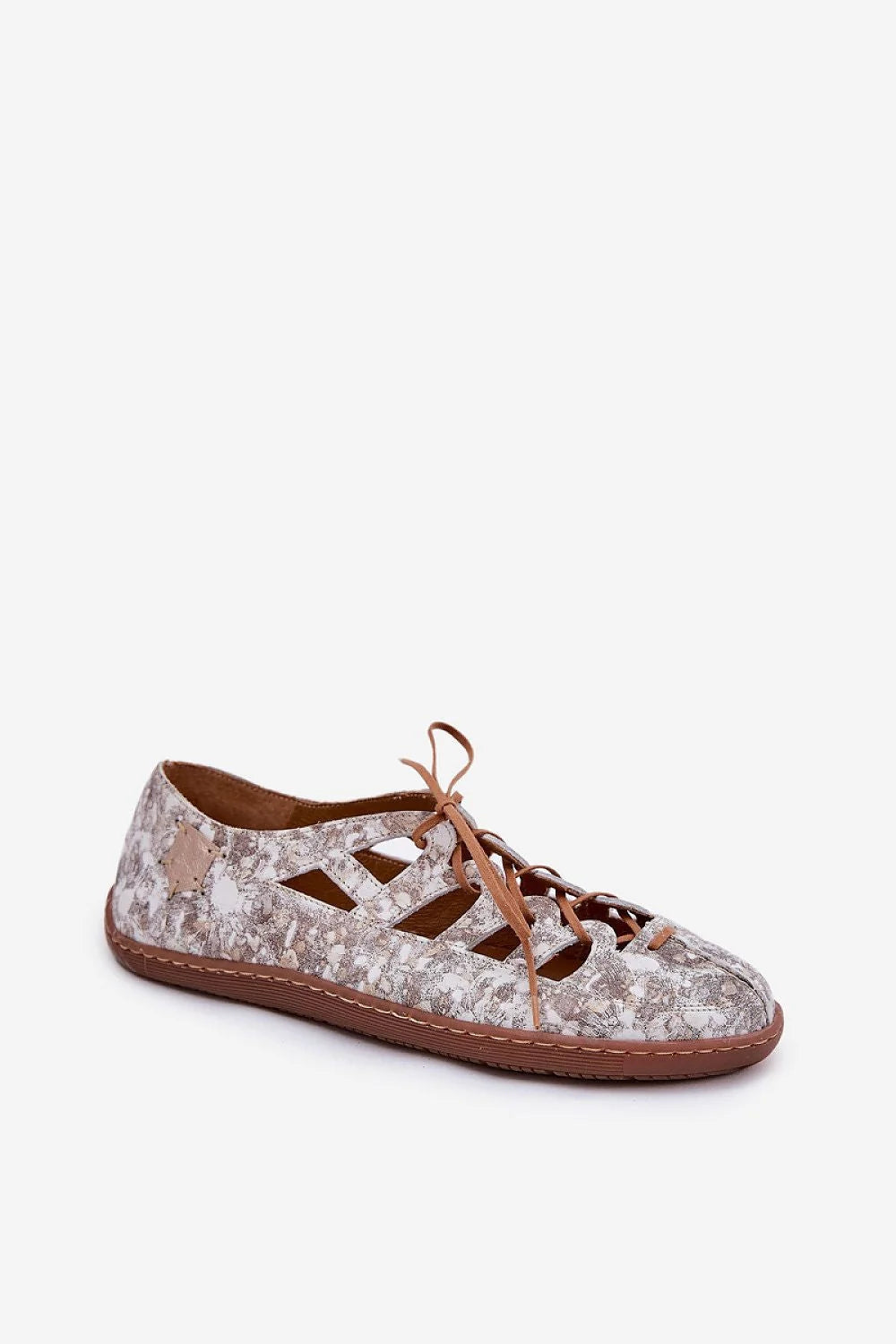 Ballerines décontractées design ajouré cuir naturel gris beige marbré lacets plats femmes confort quotidien