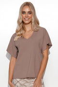 Chemisier Makadamia pour femme en coton taupe style classique décontracté coupe boxy col V manches courtes
