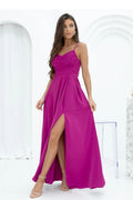 robe longue fuchsia satinée fluide décolleté plongeant bretelles fines corsage cintré taille marquée jupe évasée fente haute dos lacé soirée