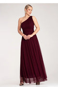robe soirée longue asymétrique épaule dénudée bretelle large bustier drapé froncé taille empire ceinture jupe évasée fluide tulle bordeaux