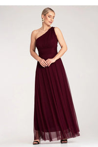 robe soirée longue asymétrique épaule dénudée bretelle large bustier drapé froncé taille empire ceinture jupe évasée fluide tulle bordeaux