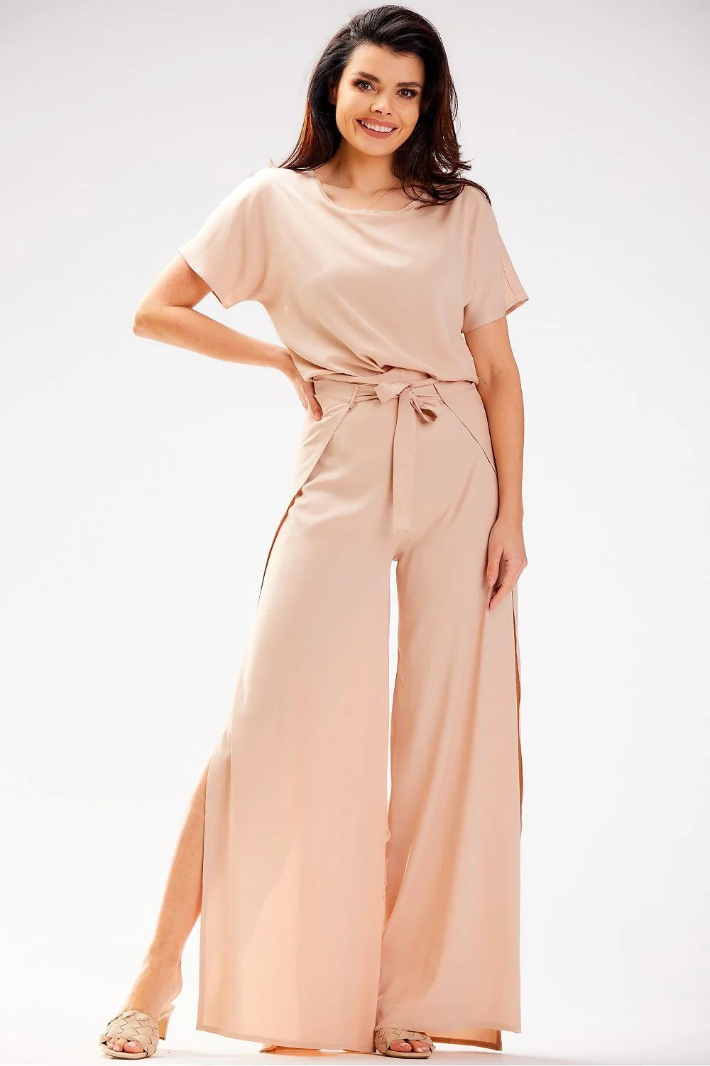 pantalon femme awama grec taille haute viscose aérée palazzo ceinture nouée jambes larges fentes latérales pinces fluide satiné
