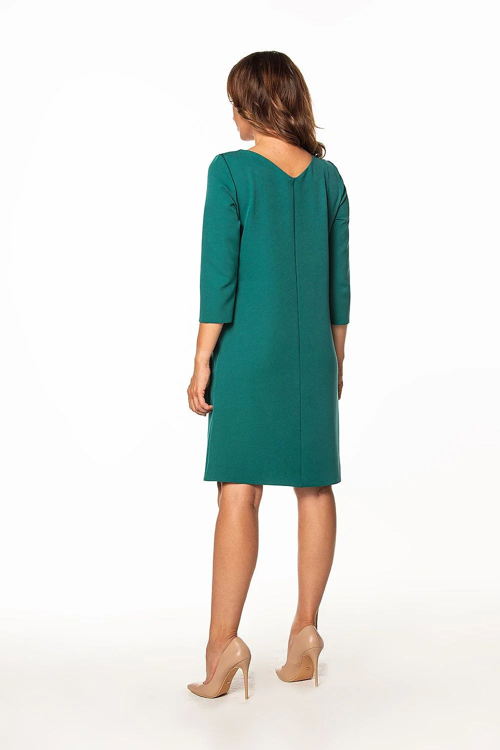 Robe de jour Tessita en vert émeraude coupe droite manches 3/4 col bateau ceinture intégrée femme