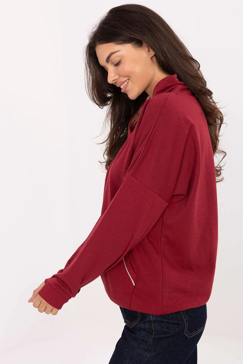 sweatshirt femme casual bordeaux molleton coton elasthanne stretch douceur col cheminée manches longues emmanchure tombante poche kangourou fermetures éclair dorées