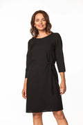 Robe de jour élégante en tissu fluide manches trois-quarts ceinture nouée côté femme noir